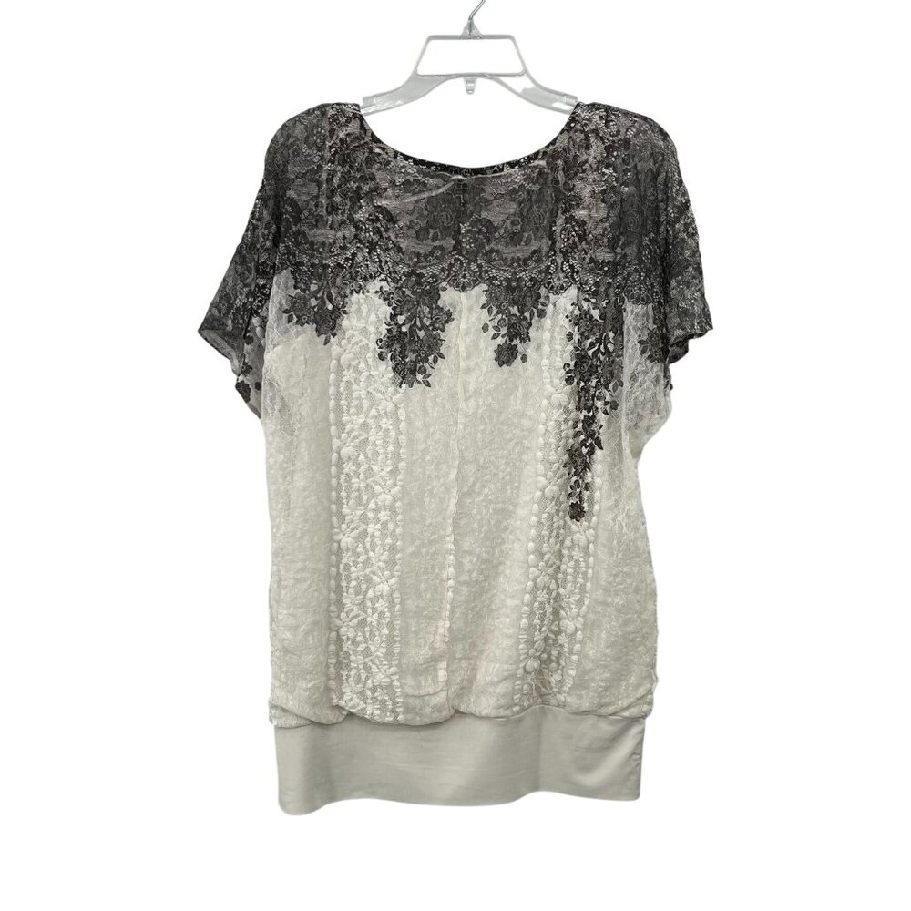 Style & Co Lace Blouse Black Cream Attached Tank Lining Womens L? Used - Picture 2 of 13